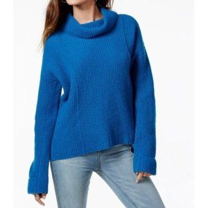 Free People Medium Blue Sidewinder Wool Waffle Knit Oversize Swing Tunic Sweater